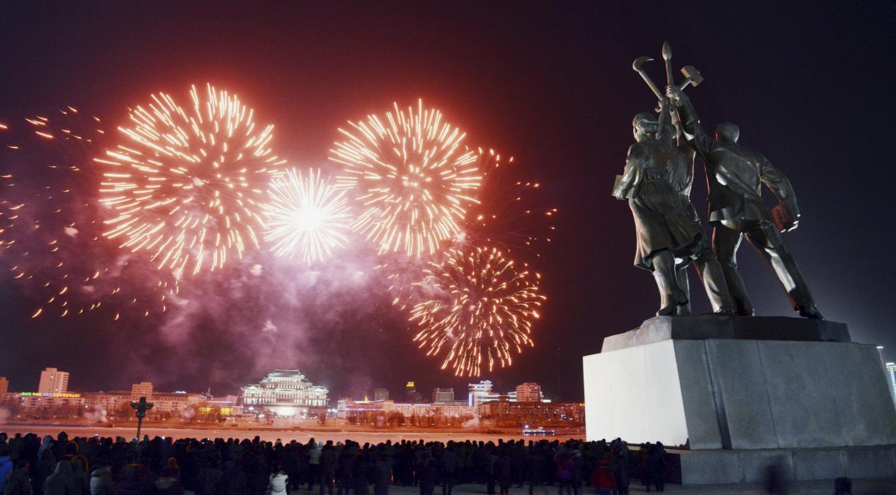 Fireworks explode in the sky over Kim Il-sung Square in Pyongyang