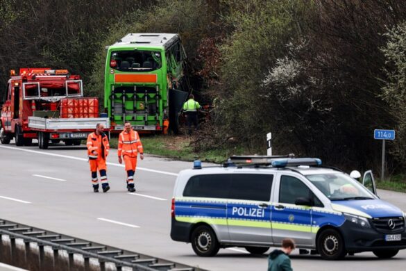 epa11247028 Emergency personnel work at the scene of a bus accident on the A9 highway in Schkeuditz, near Leipzig, Germany, 27 March 2024. At least five people died and several others were injured after a bus operated by FlixBus came off the highway and overturned. According to the company, the circumstances of the accident are not yet known. The bus had left Berlin for Switzerland with two drivers and 53 passengers.  EPA-EFE/FILIP SINGER