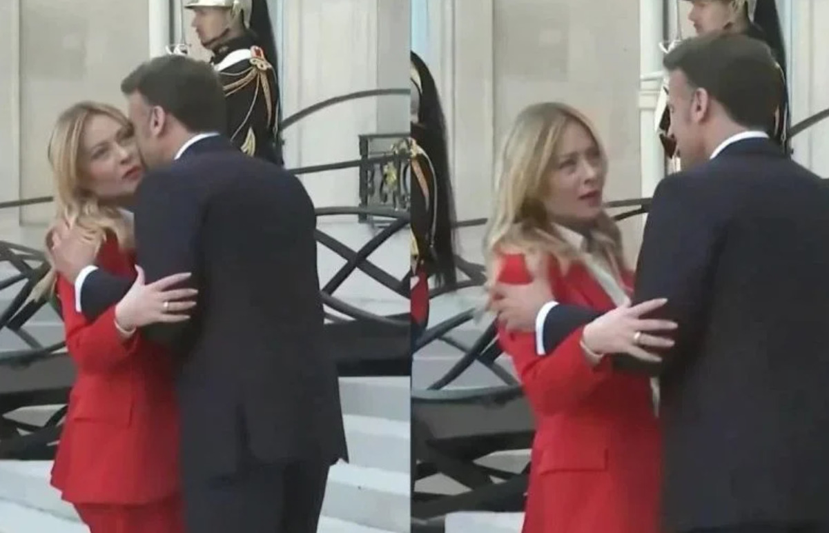 (ВИДЕО) Мелони збунета од дочекот во Париз: Макрон и се нафрли со прегратки и бакнежи